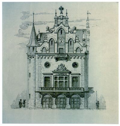 Plan odbudowy ratusza w Rzeszowie autorstwa Franciszka Skowrona /?/, 1897 r. (widok od strony wschodniej). Ze zbior&oacute;w Archiwum Państwowego w Rzeszowie. Skan z katalogu do wystawy plenerowej "Prawdy i legendy o rzeszowskim Ratuszu", s. 8. Wydawnictwo Galerii Fotografii Miasta Rzeszowa, 2018